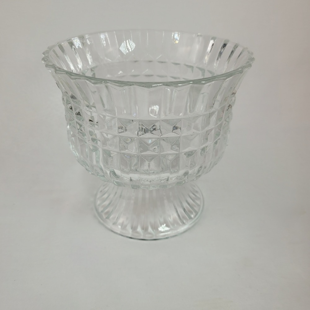Vintage FTD 1986 Clear Pressed Glass Pedestal Bowl Diamond Cut Candy Dish 5.5in